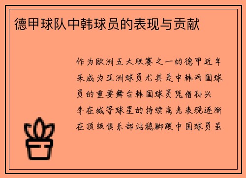 德甲球队中韩球员的表现与贡献