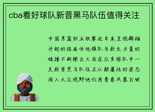 cba看好球队新晋黑马队伍值得关注
